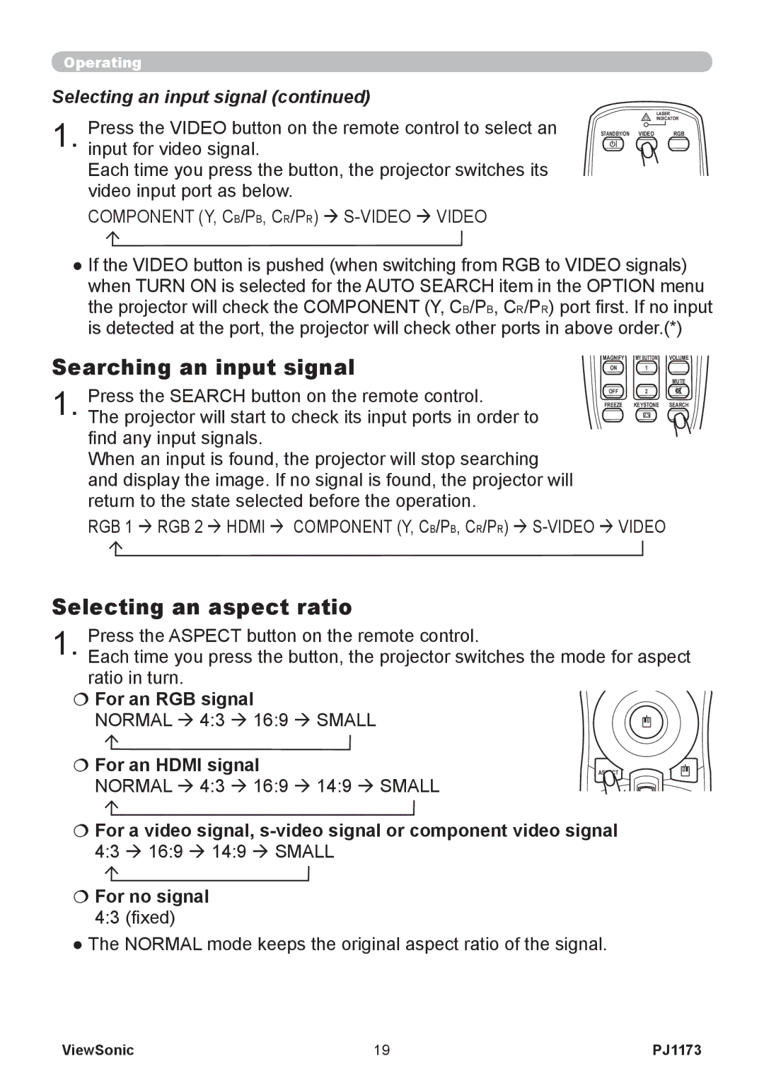 ViewSonic VS12109 Searching an input signal, Selecting an aspect ratio, Selecting an input signal,  For an RGB signal 