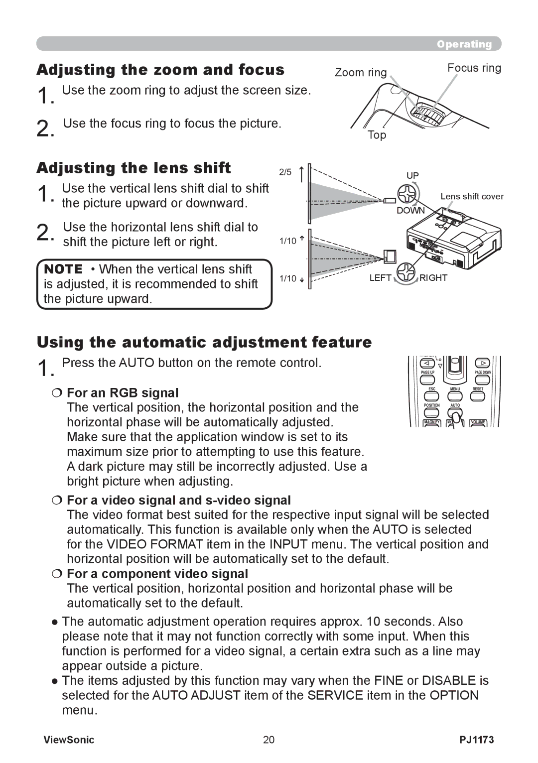 ViewSonic PJ1173, VS12109 Adjusting the zoom and focus, Adjusting the lens shift, Using the automatic adjustment feature 