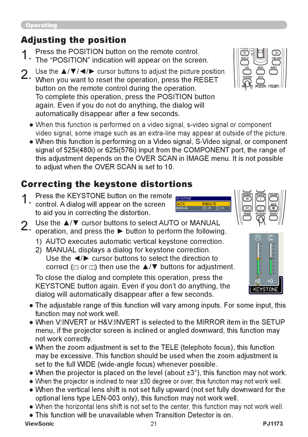 ViewSonic VS12109, PJ1173 warranty Adjusting the position, Correcting the keystone distortions 