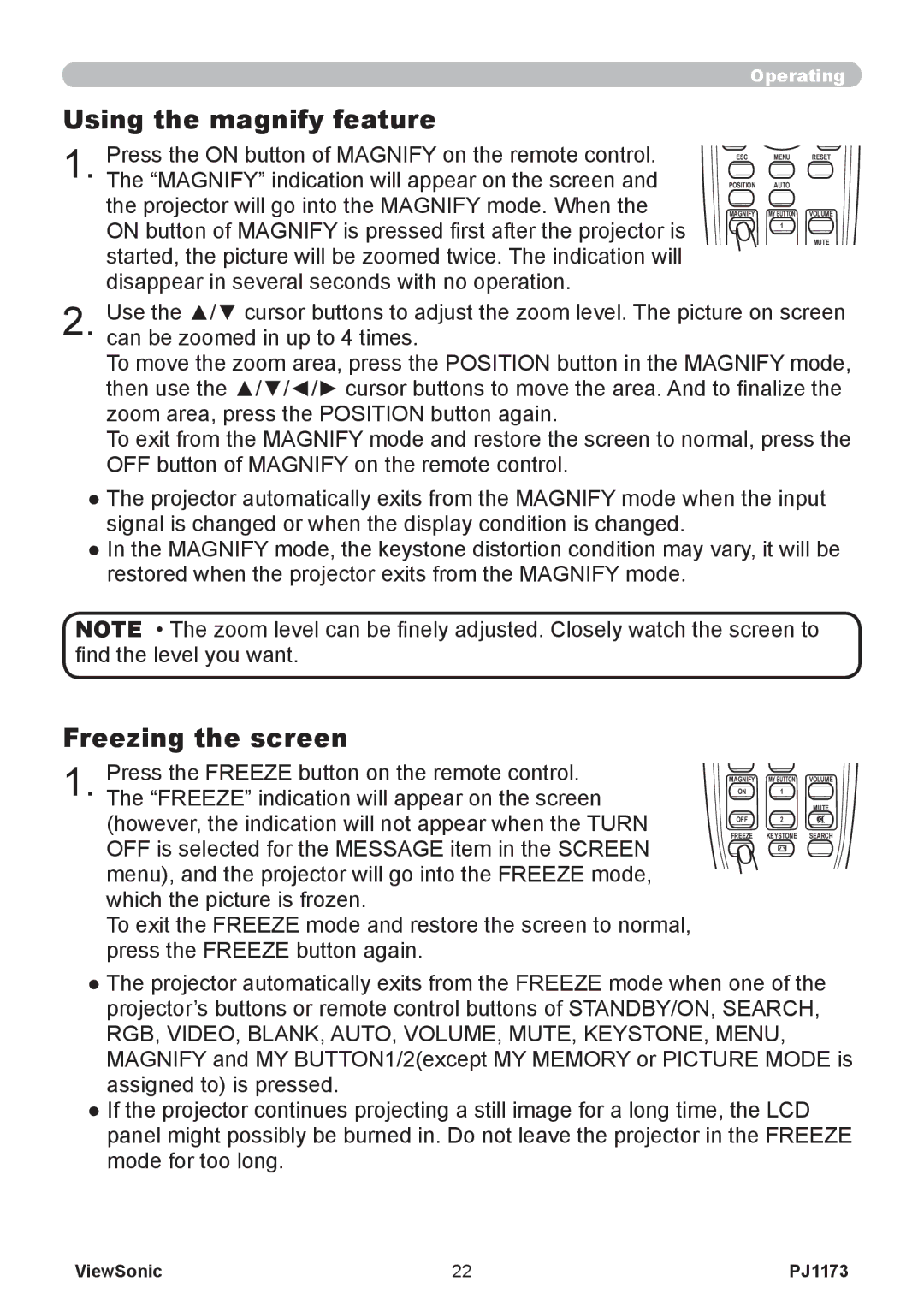 ViewSonic PJ1173, VS12109 warranty Using the magnify feature, Freezing the screen 