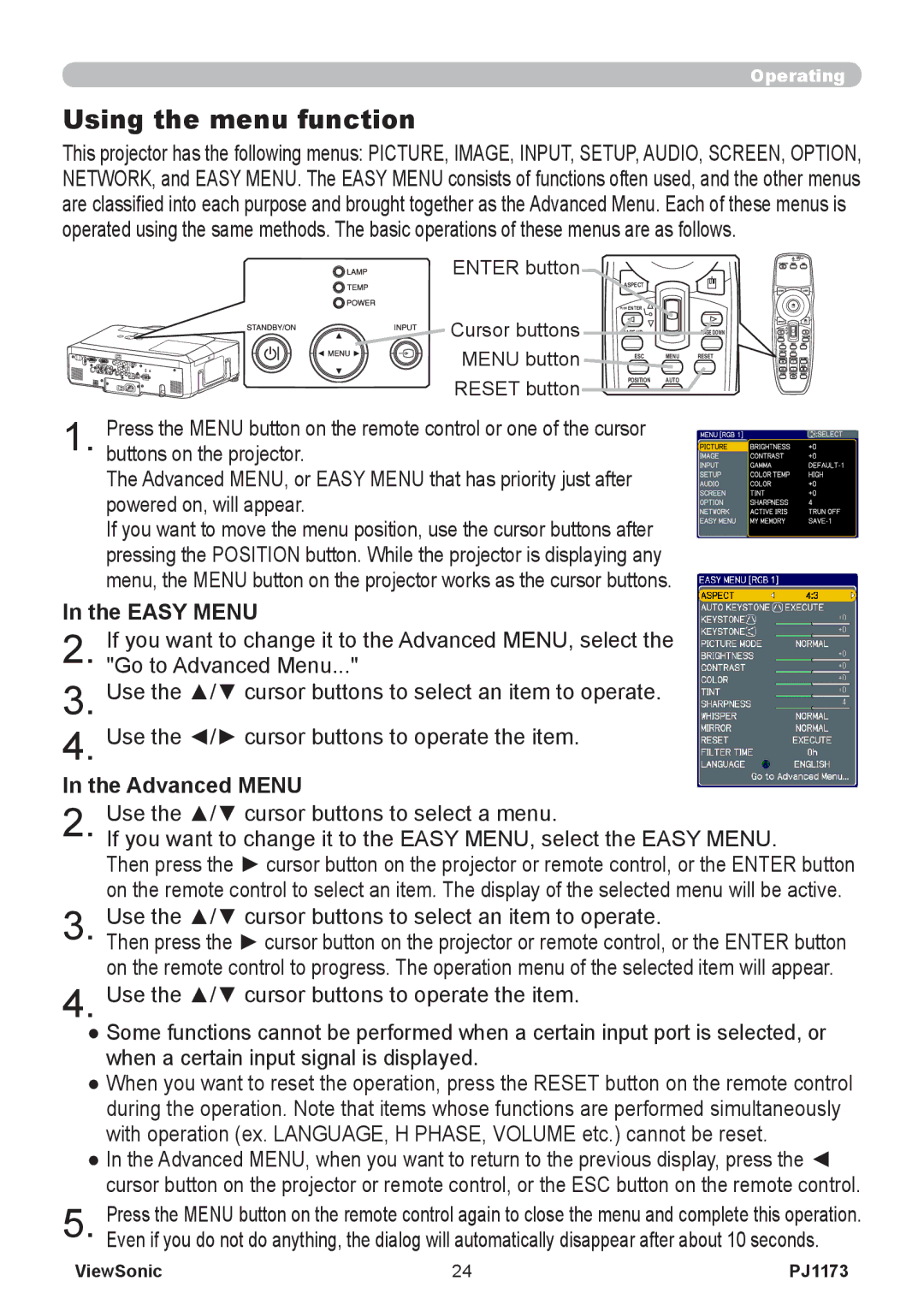 ViewSonic PJ1173, VS12109 warranty Using the menu function, Easy Menu, Advanced Menu 