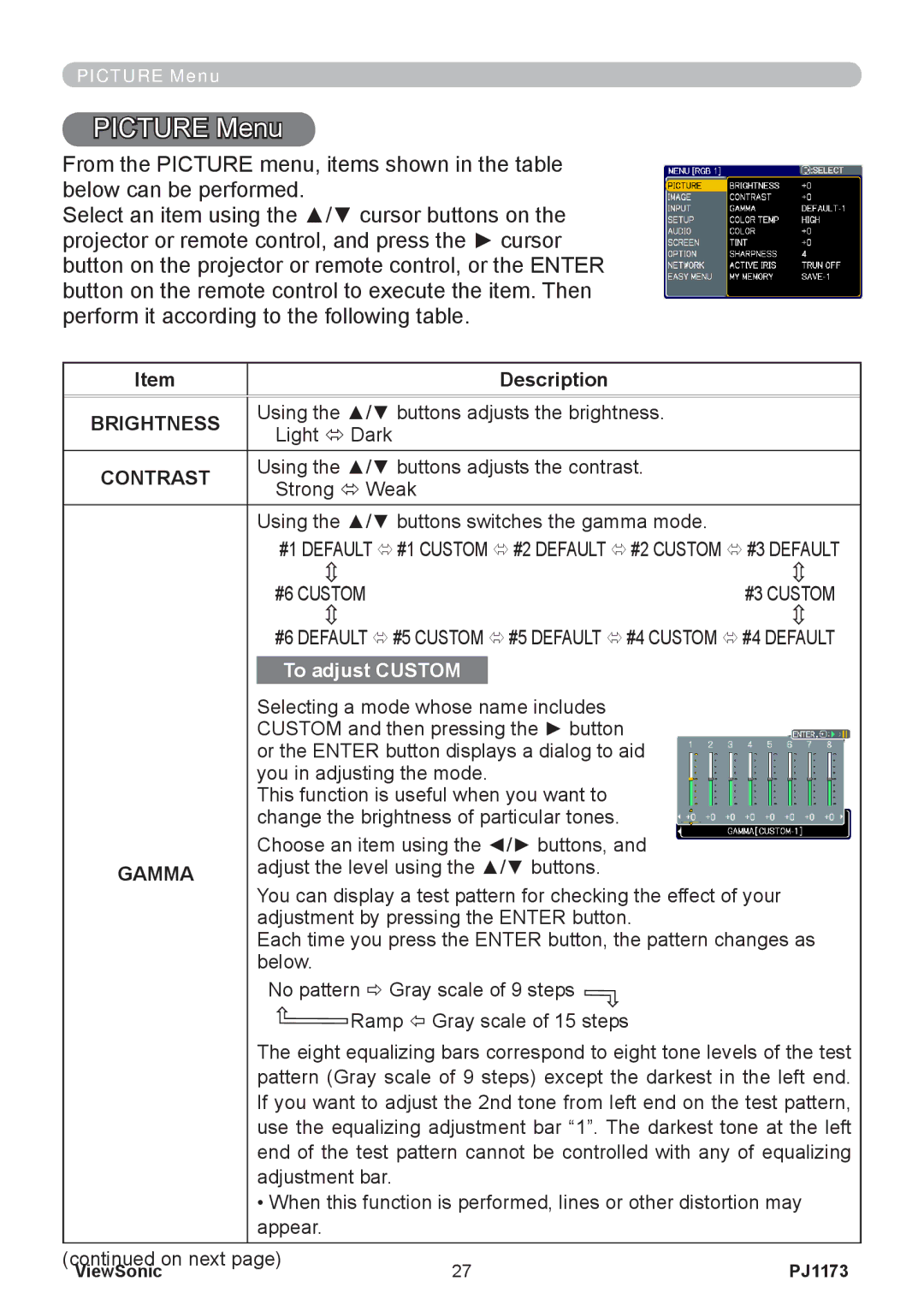 ViewSonic VS12109, PJ1173 warranty Picture Menu, Gamma 