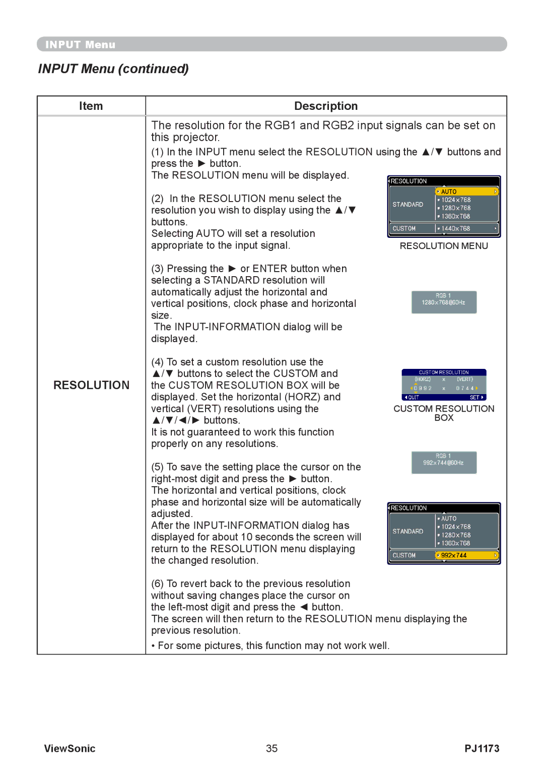 ViewSonic VS12109, PJ1173 warranty Resolution 