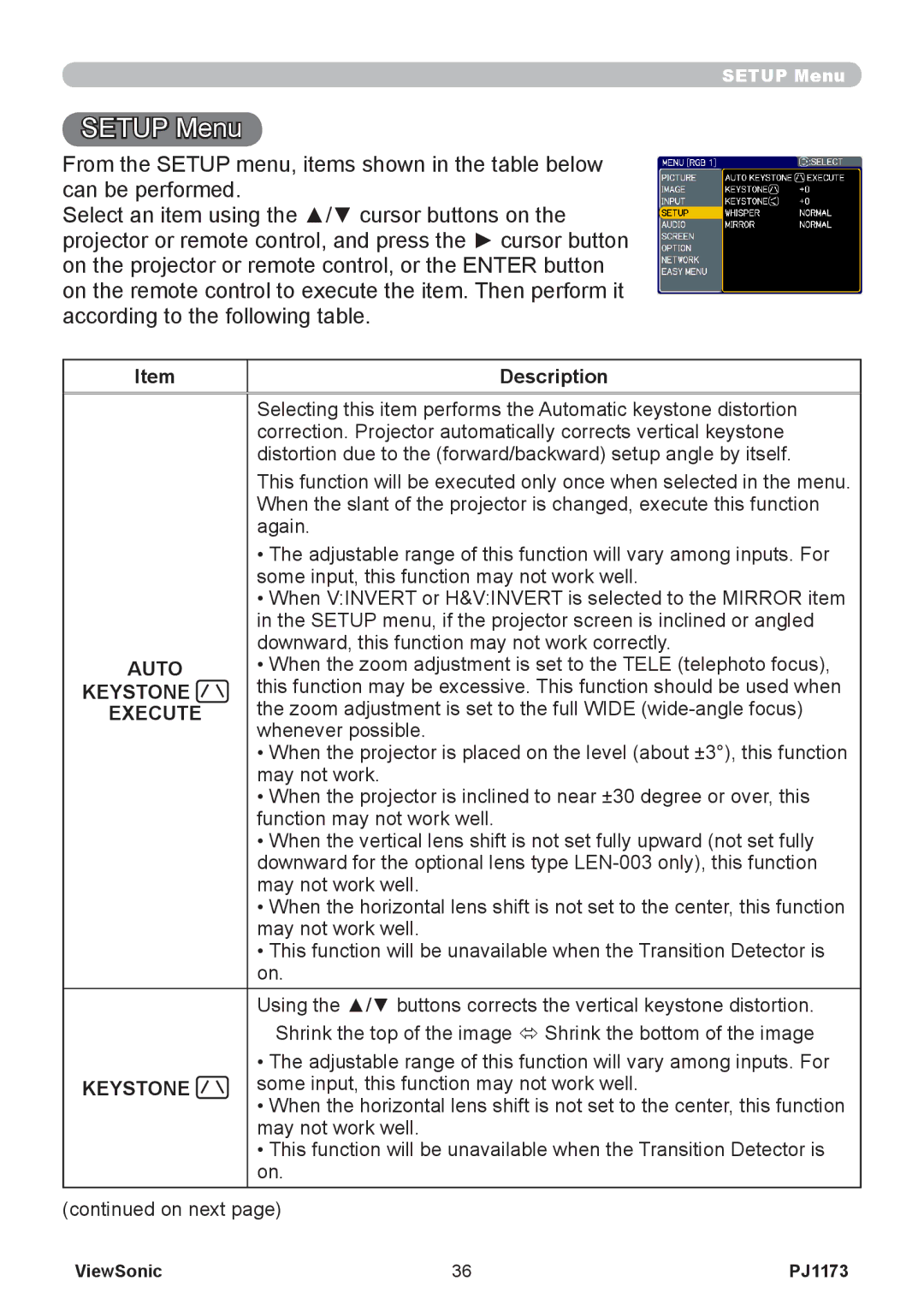 ViewSonic PJ1173, VS12109 warranty Setup Menu, Auto 