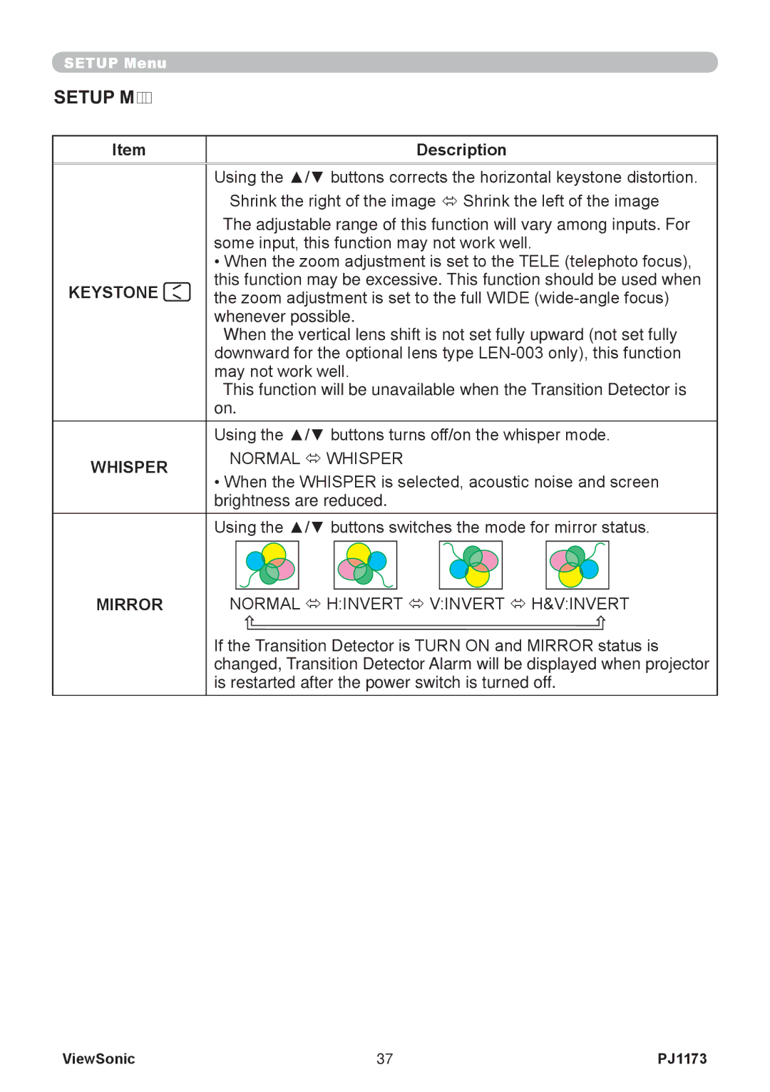 ViewSonic VS12109, PJ1173 warranty Setup Menu, Whisper 