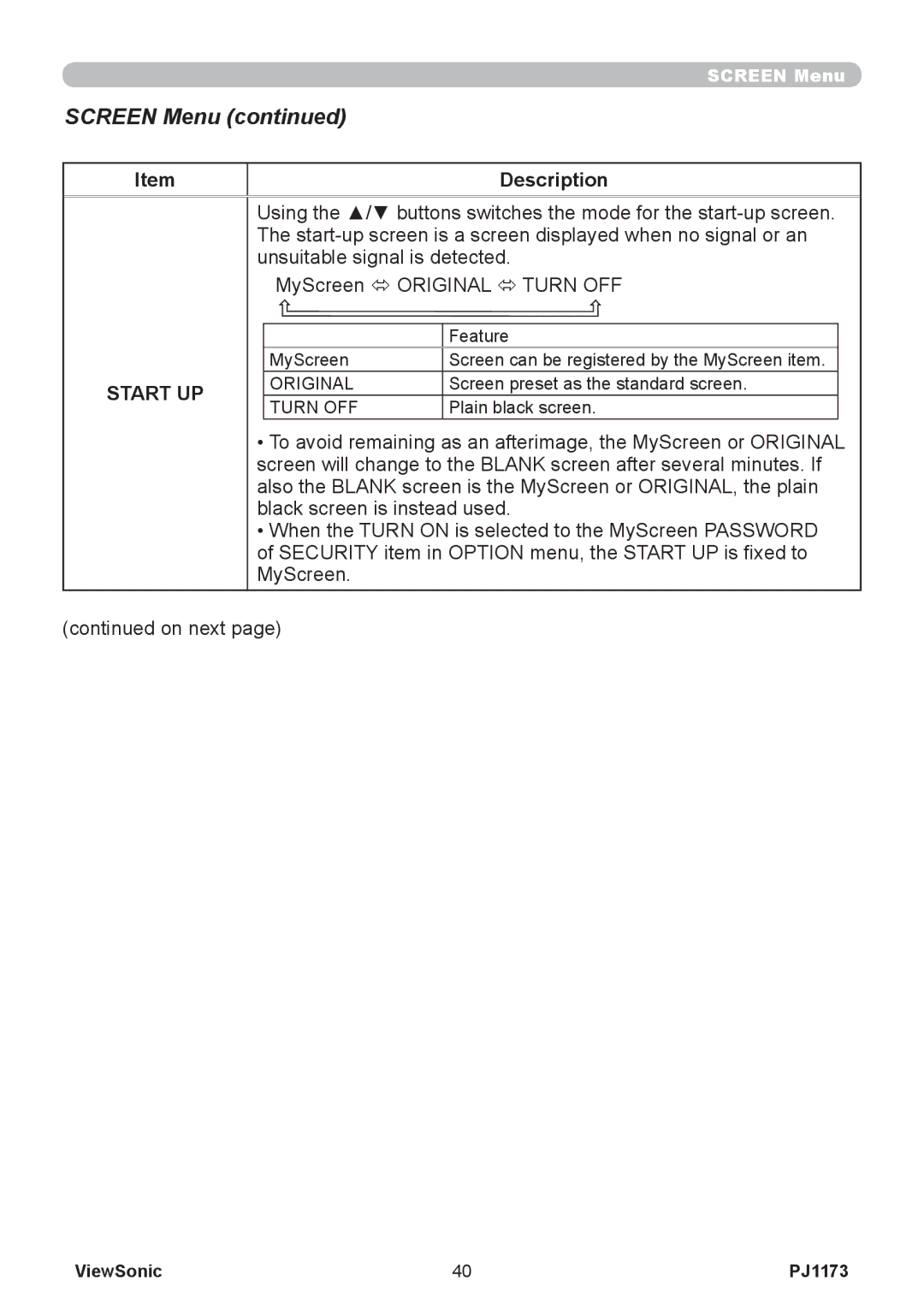 ViewSonic PJ1173, VS12109 warranty Screen Menu, Start UP 