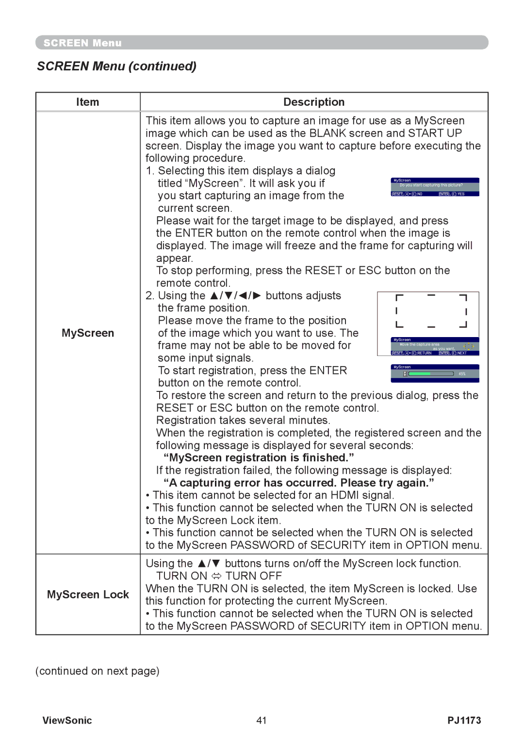 ViewSonic VS12109 MyScreen registration is finished, Capturing error has occurred. Please try again, MyScreen Lock 