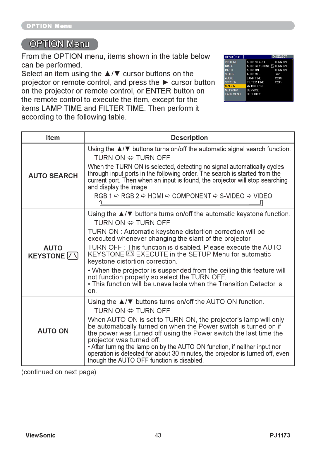 ViewSonic VS12109, PJ1173 warranty Option Menu, Auto Search, Auto on 