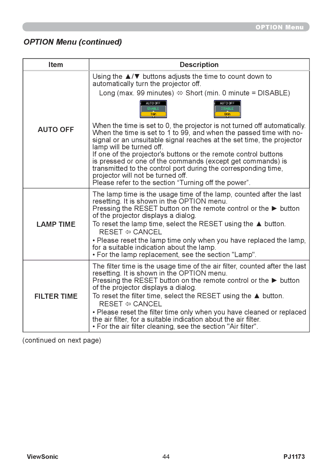 ViewSonic PJ1173, VS12109 warranty Option Menu, Auto OFF, Lamp Time 