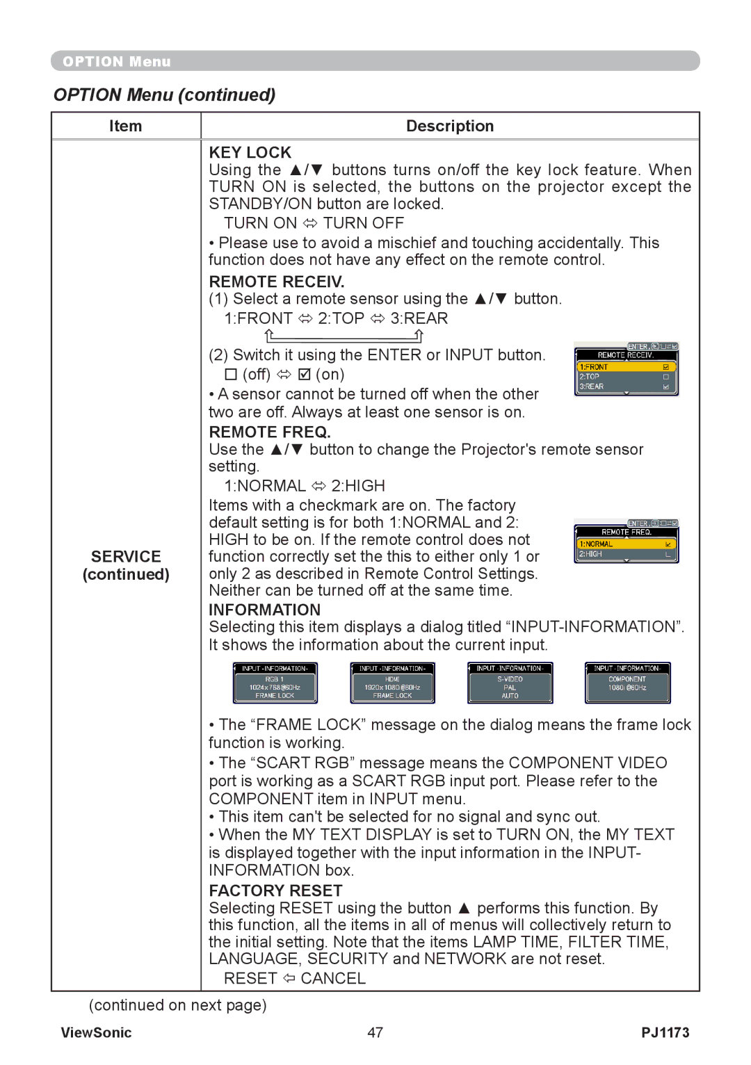 ViewSonic VS12109, PJ1173 warranty KEY Lock, Remote Receiv, Remote Freq, Information, Factory Reset 