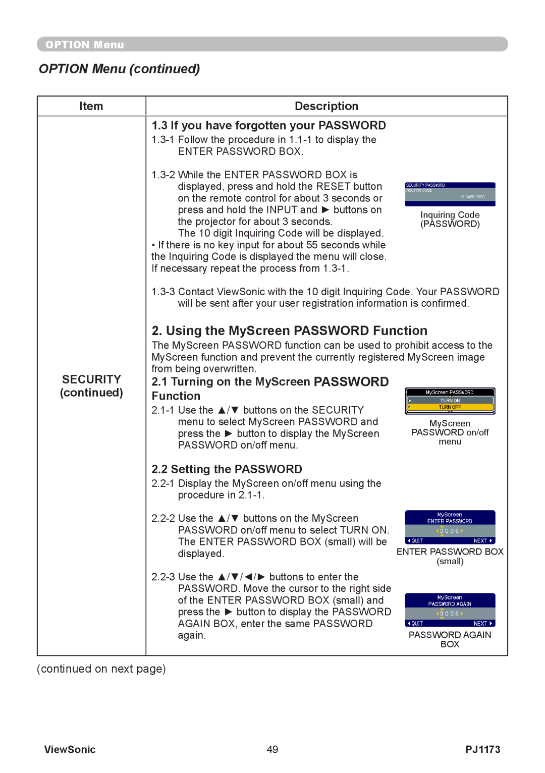 ViewSonic VS12109, PJ1173 warranty Using the MyScreen Password Function, Description If you have forgotten your Password 