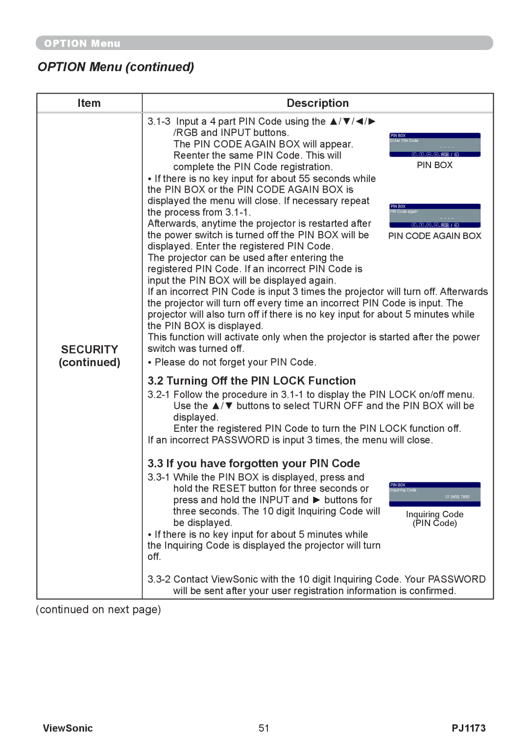 ViewSonic VS12109, PJ1173 Description Security, Turning Off the PIN Lock Function, If you have forgotten your PIN Code 