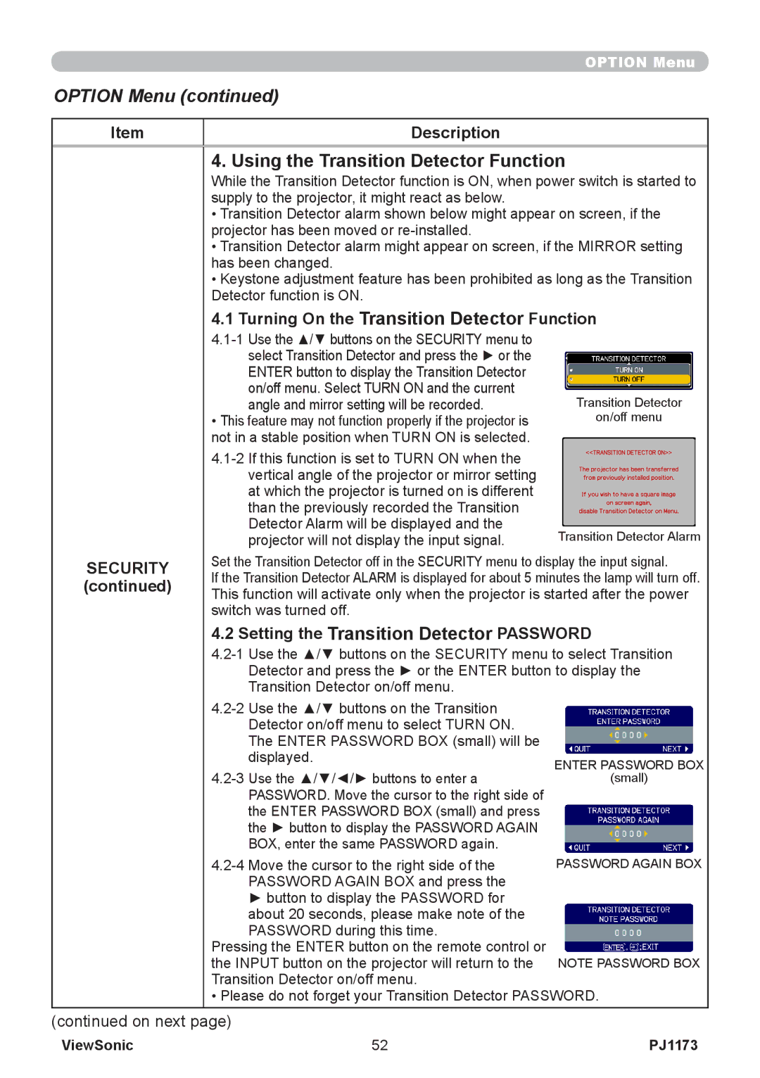 ViewSonic PJ1173, VS12109 warranty Using the Transition Detector Function, Turning On the Transition Detector Function 