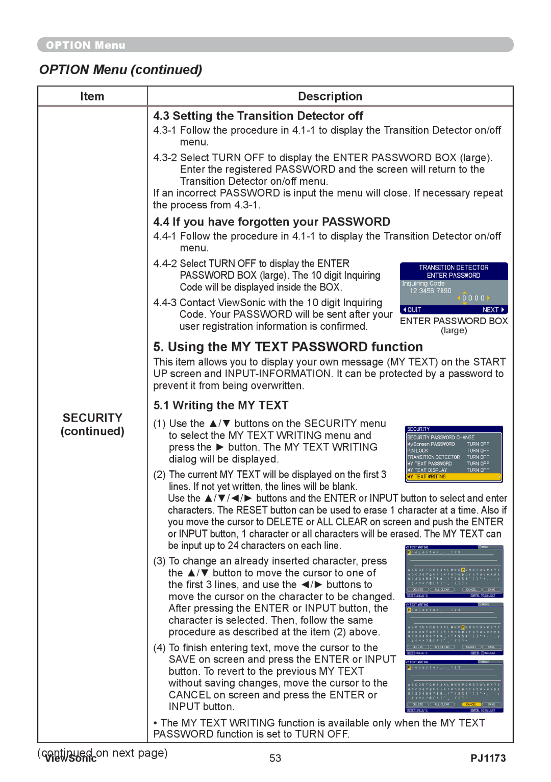 ViewSonic VS12109, PJ1173 warranty Using the MY Text Password function, Description Setting the Transition Detector off 