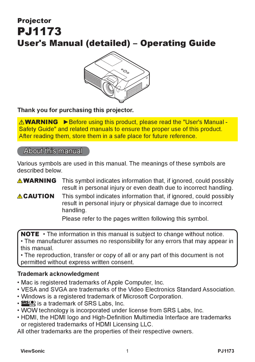 ViewSonic VS12109, PJ1173 warranty About this manual, Thank you for purchasing this projector, Trademark acknowledgment 