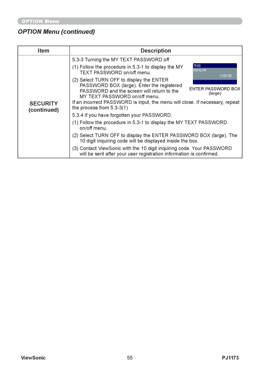 ViewSonic VS12109, PJ1173 warranty Password and the screen will return to 