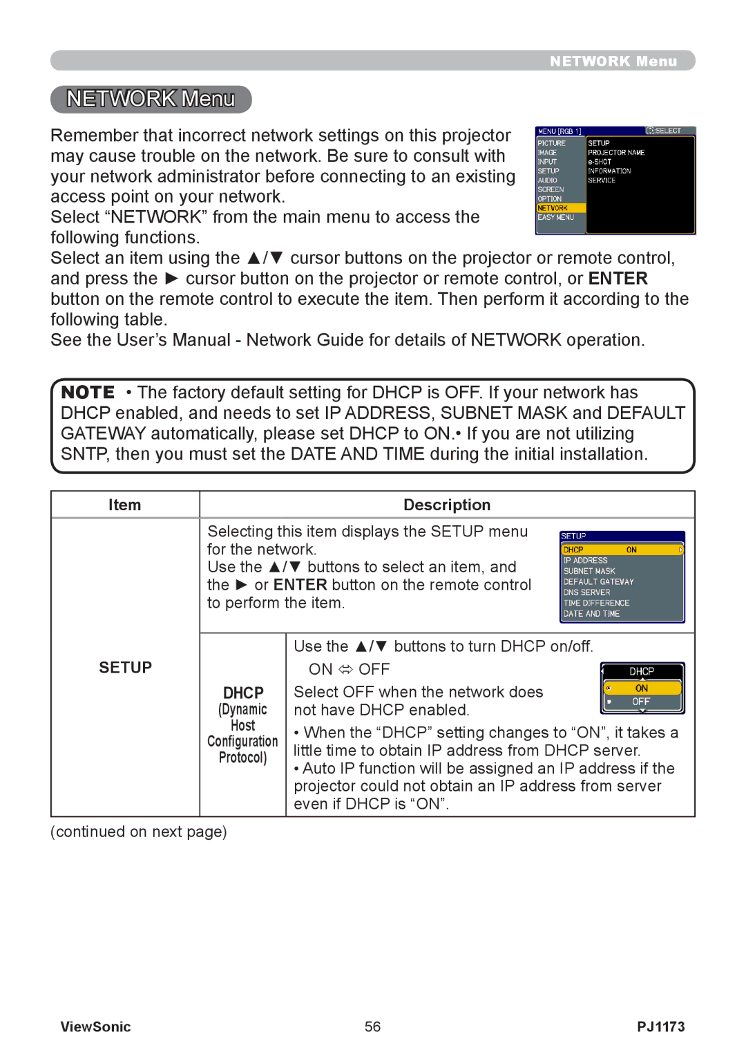 ViewSonic PJ1173, VS12109 warranty Network Menu, Setup 