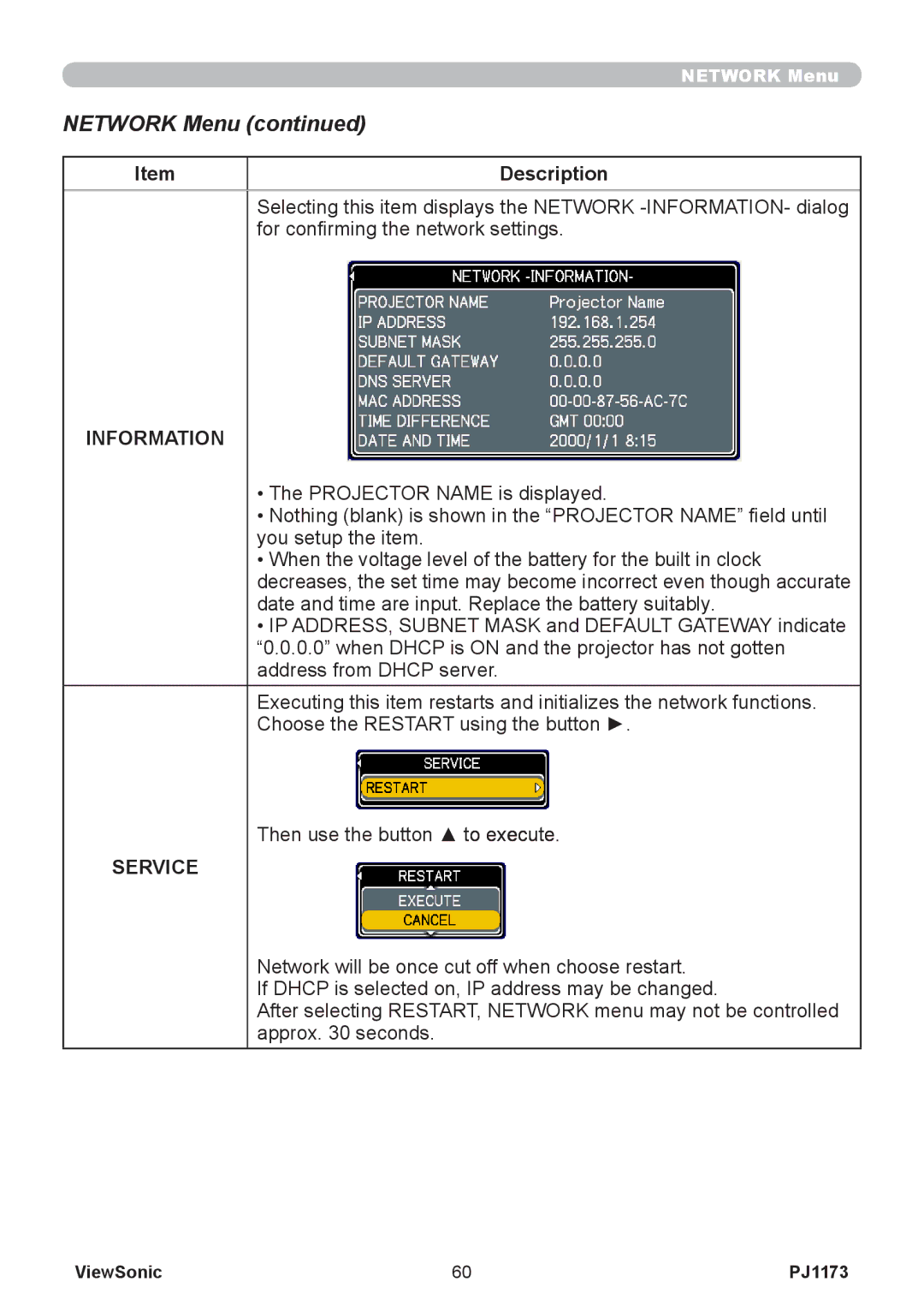 ViewSonic PJ1173, VS12109 warranty For confirming the network settings 