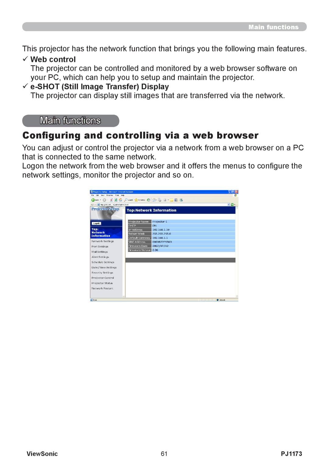 ViewSonic VS12109, PJ1173 warranty Main functions, Configuring and controlling via a web browser, Web control 