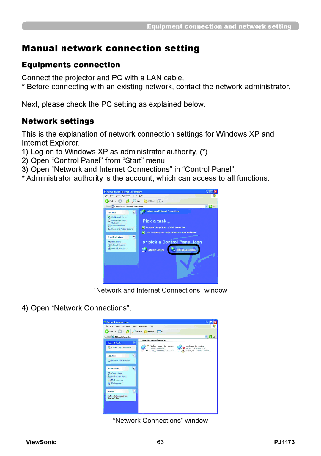 ViewSonic VS12109 Manual network connection setting, Equipments connection, Network settings, Open Network Connections 