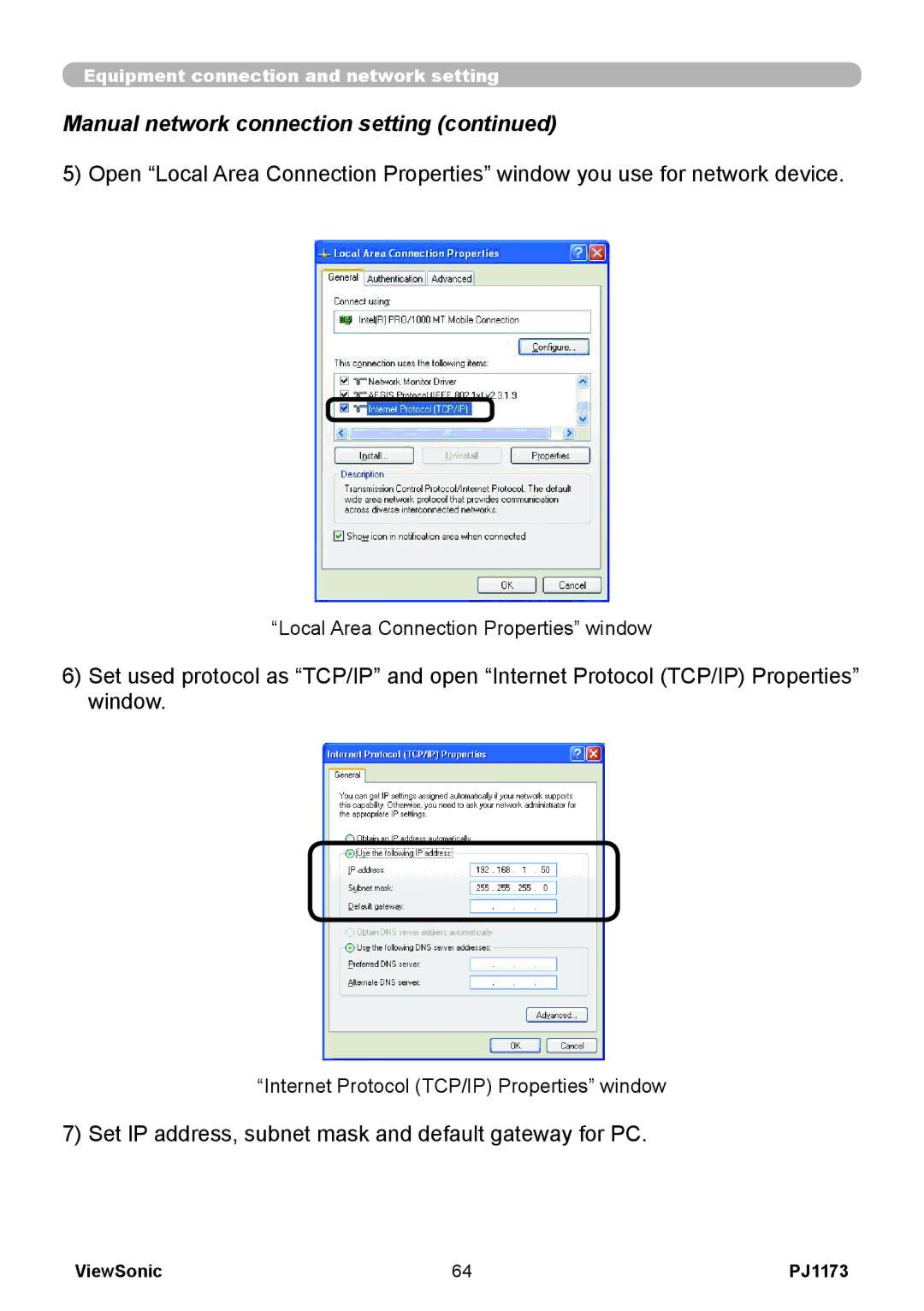 ViewSonic PJ1173, VS12109 warranty Manual network connection setting, Set IP address, subnet mask and default gateway for PC 