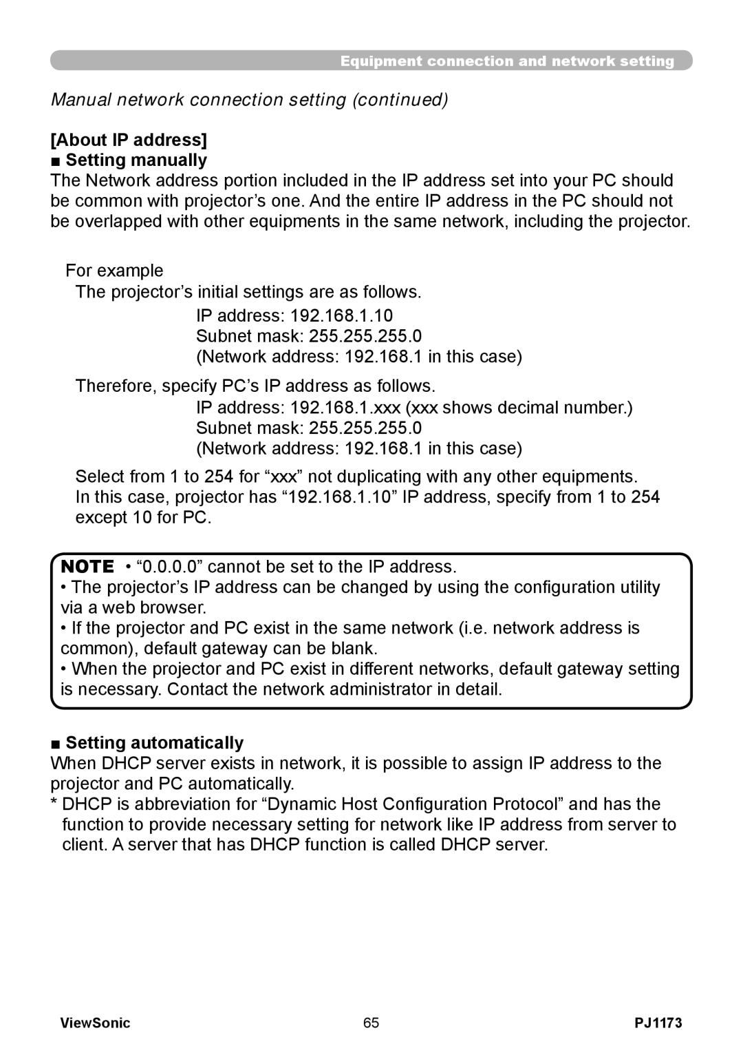 ViewSonic VS12109, PJ1173 warranty About IP address Setting manually, Setting automatically 