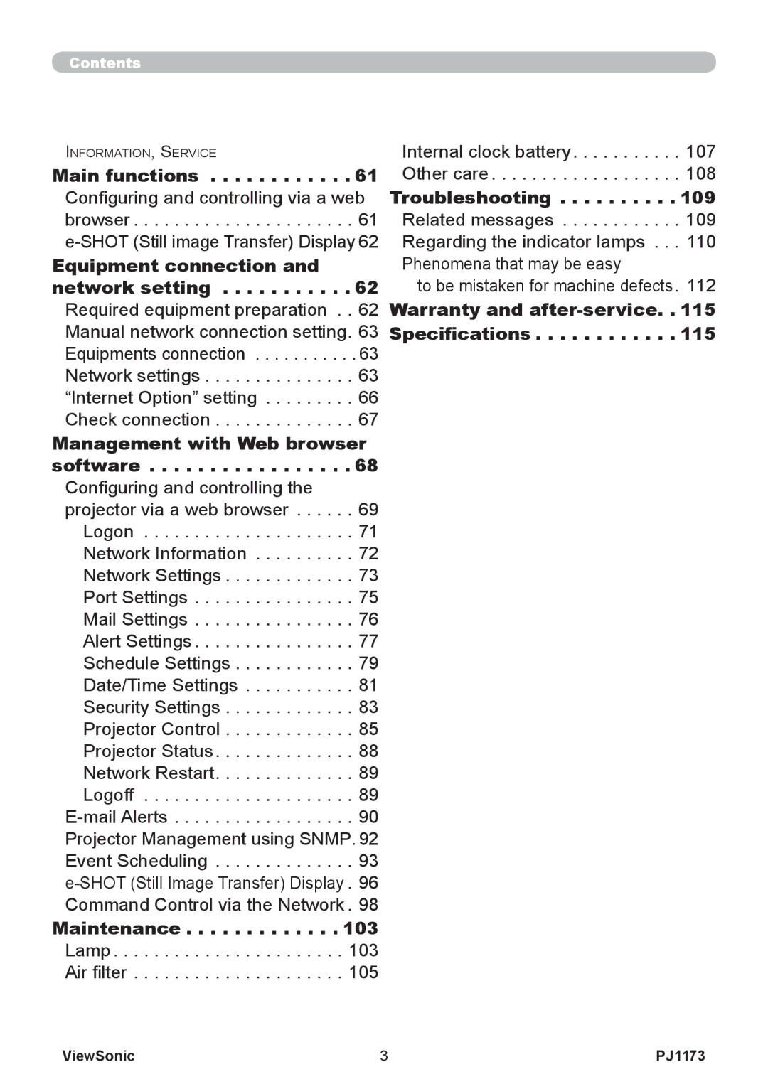 ViewSonic VS12109 Main functions, Troubleshooting, Equipment connection, Network setting, Warranty and after-service 