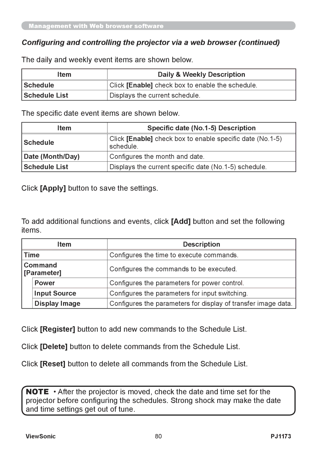 ViewSonic PJ1173, VS12109 warranty Daily and weekly event items are shown below, Specific date event items are shown below 