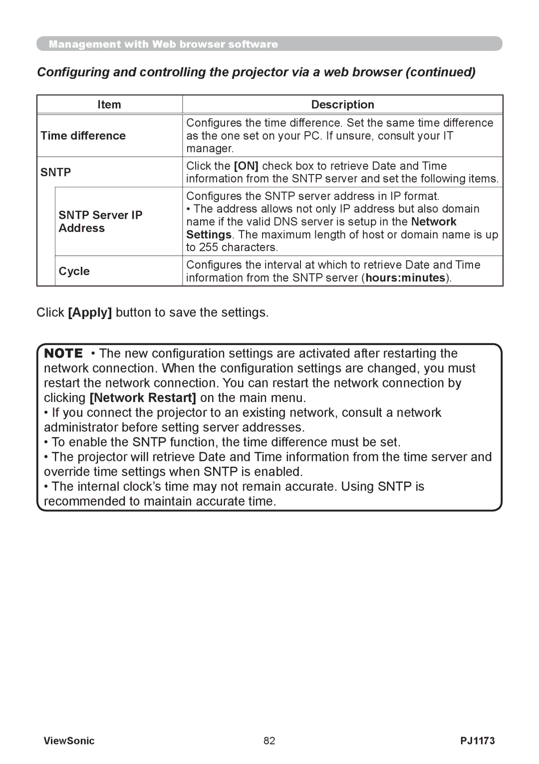ViewSonic PJ1173, VS12109 warranty Time difference, Sntp Server IP, Address, Cycle 