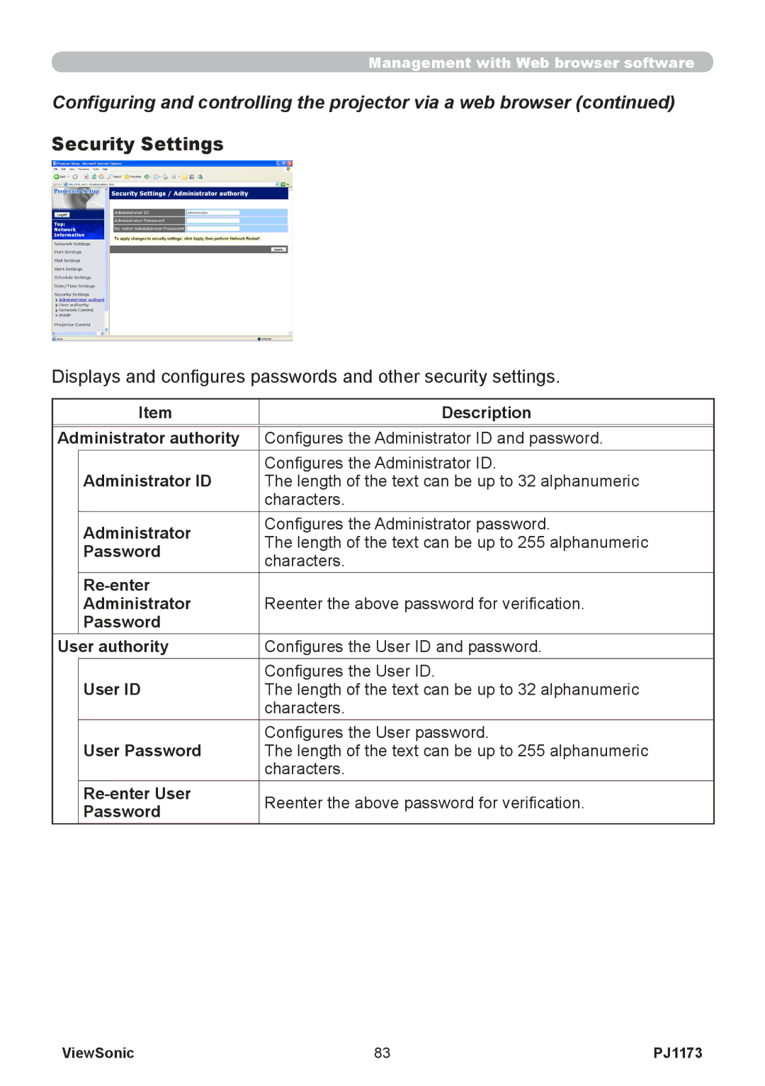 ViewSonic VS12109, PJ1173 warranty Security Settings 