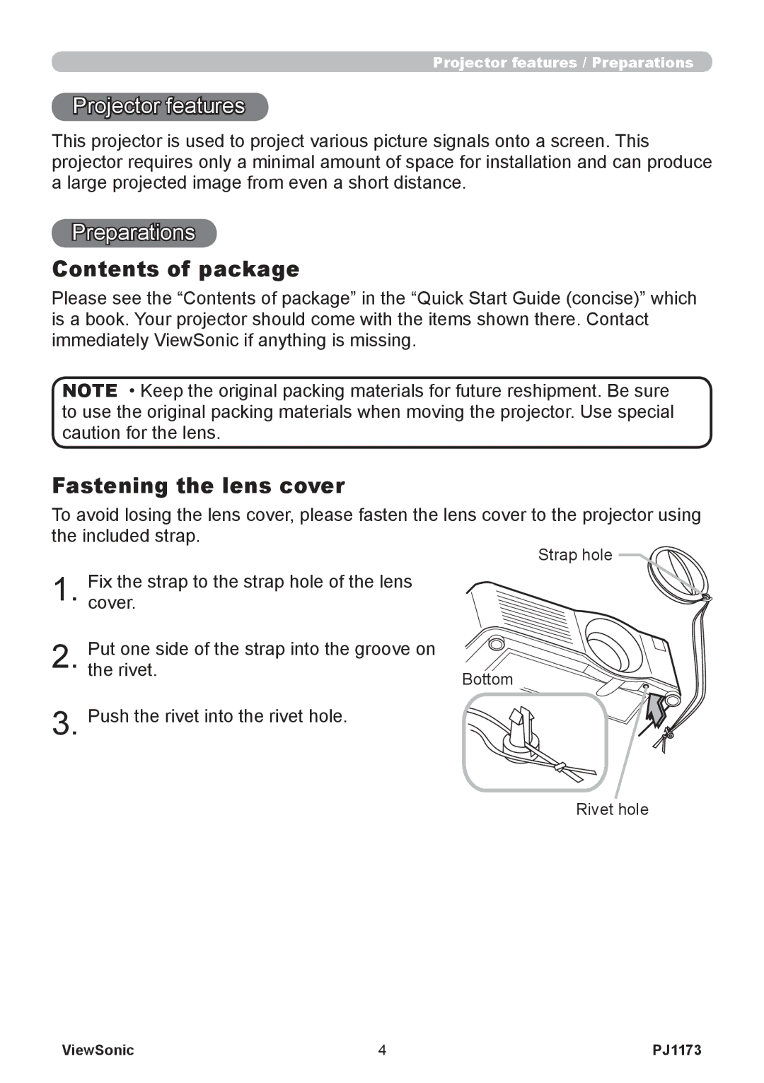 ViewSonic PJ1173, VS12109 warranty Contents of package, Fastening the lens cover 