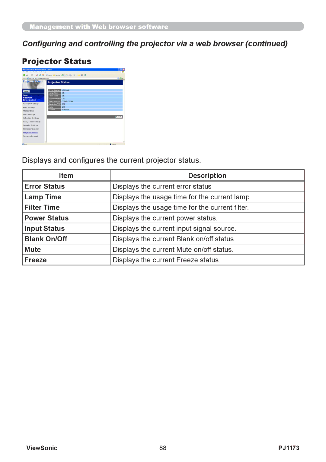 ViewSonic PJ1173, VS12109 warranty Projector Status, Displays and configures the current projector status 