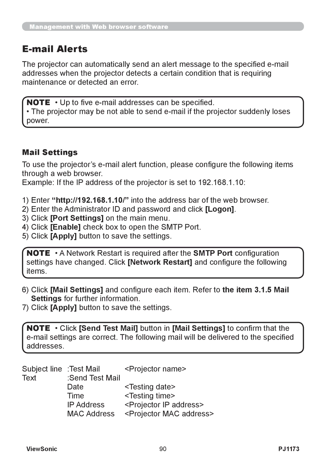 ViewSonic PJ1173, VS12109 warranty Mail Alerts, Mail Settings 