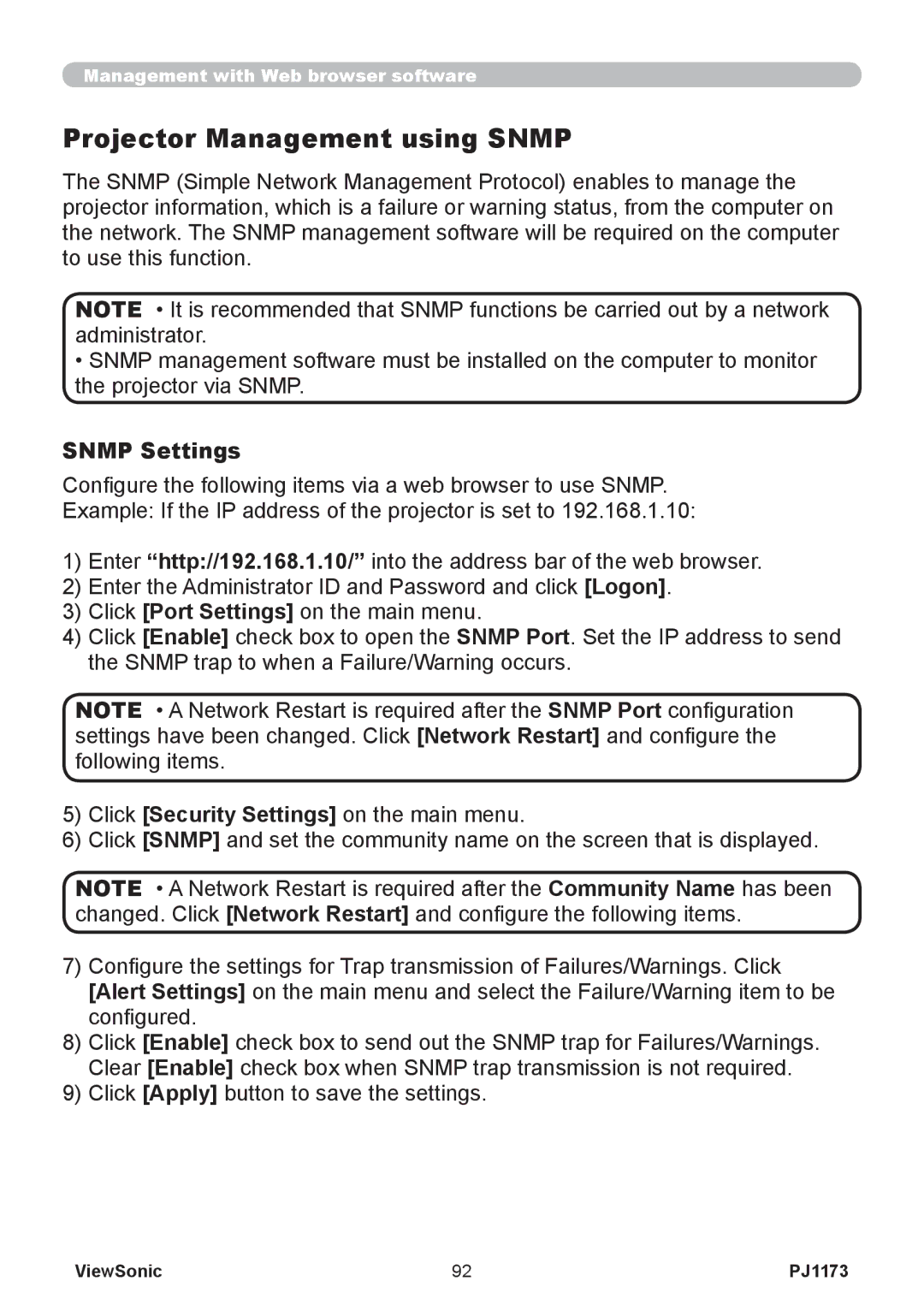 ViewSonic PJ1173, VS12109 warranty Projector Management using Snmp, Snmp Settings 