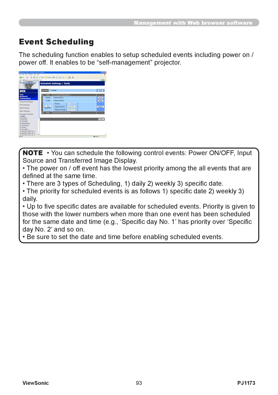 ViewSonic VS12109, PJ1173 warranty Event Scheduling 