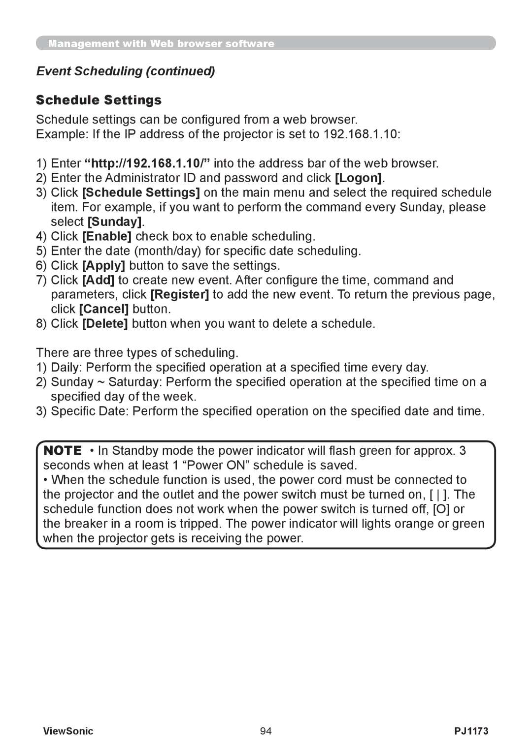 ViewSonic PJ1173, VS12109 warranty Event Scheduling, Schedule Settings 