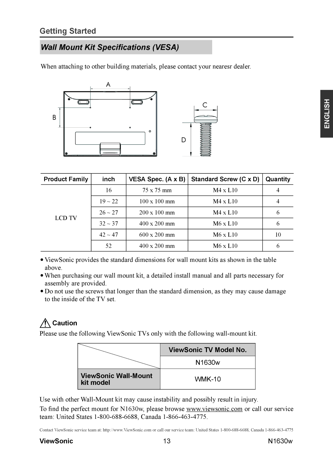 ViewSonic VS12114-1M warranty Wall Mount Kit Speciﬁcations Vesa, ViewSonic TV Model No 