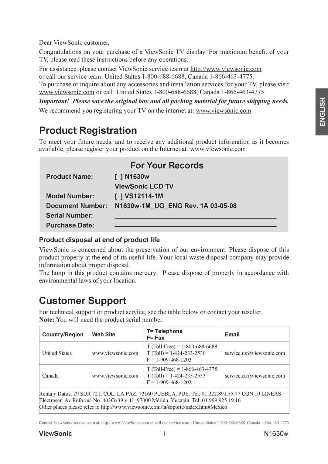 ViewSonic VS12114-1M warranty Product Registration, Customer Support, ViewSonic 