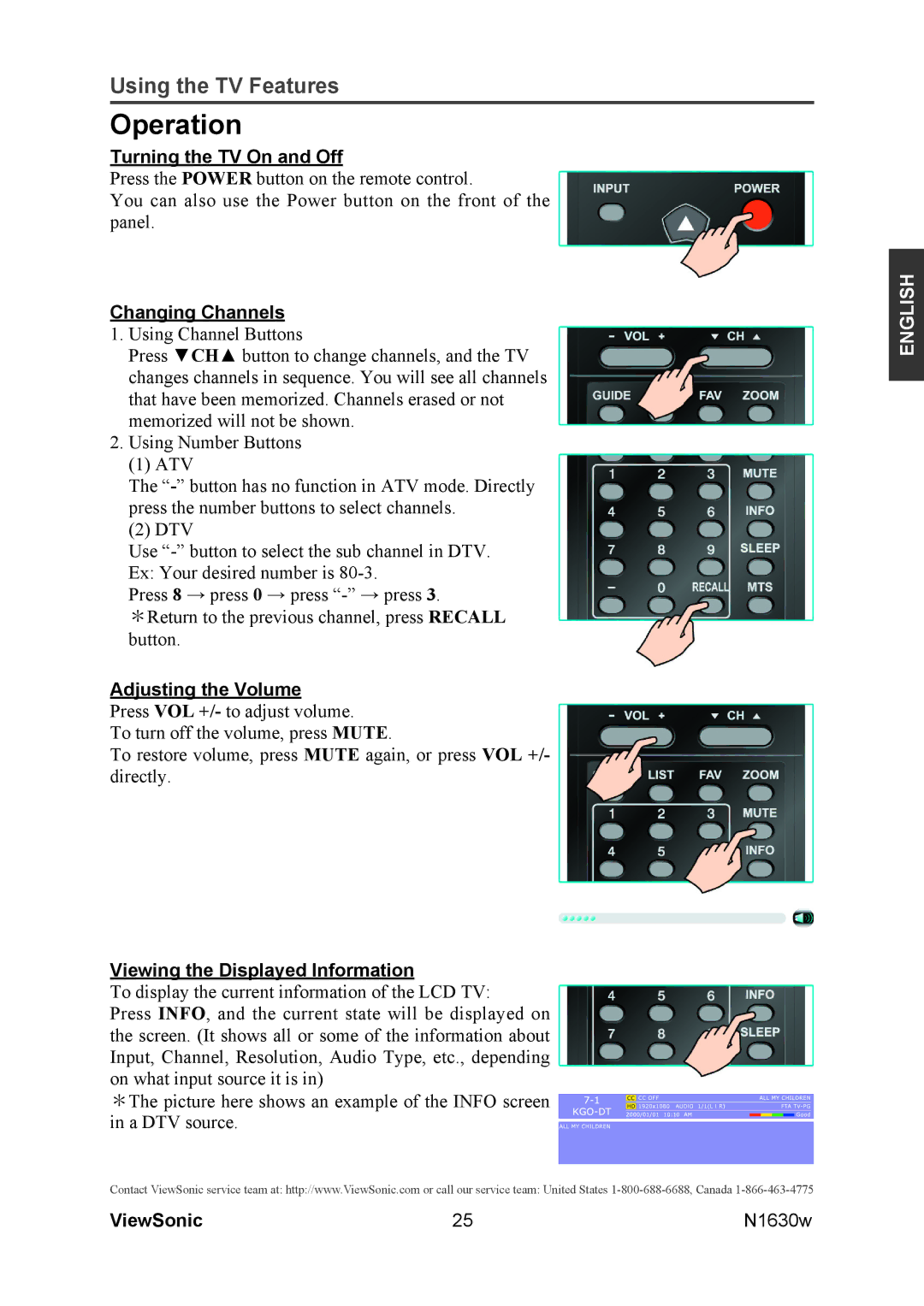 ViewSonic VS12114-1M warranty Operation, Turning the TV On and Off, Changing Channels, Adjusting the Volume 