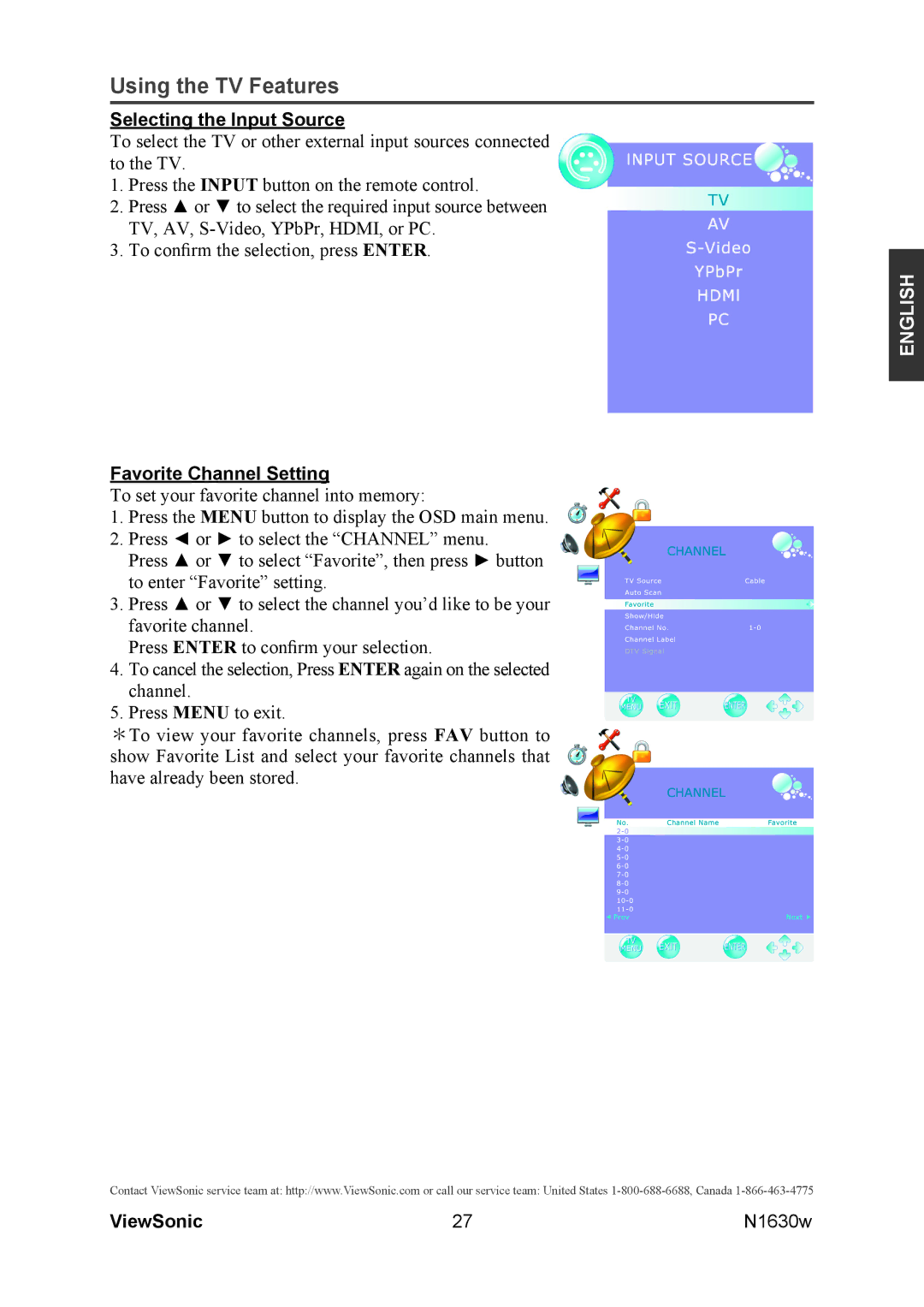 ViewSonic VS12114-1M warranty Selecting the Input Source, Favorite Channel Setting 