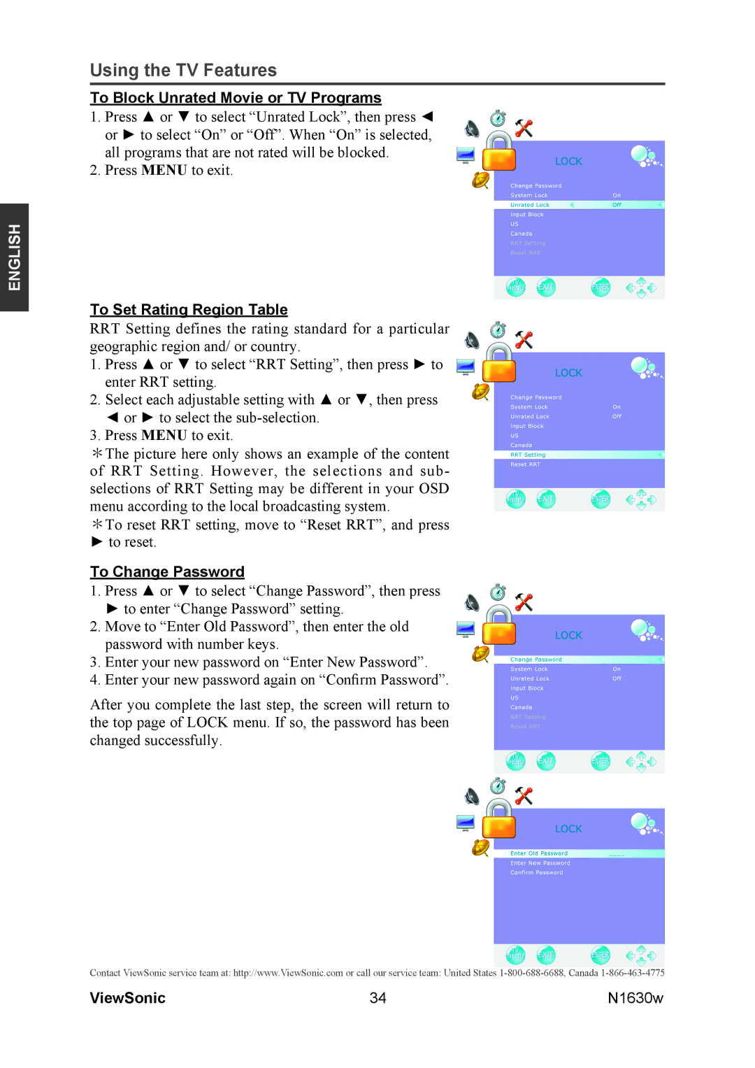 ViewSonic VS12114-1M warranty To Block Unrated Movie or TV Programs, To Set Rating Region Table, To Change Password 