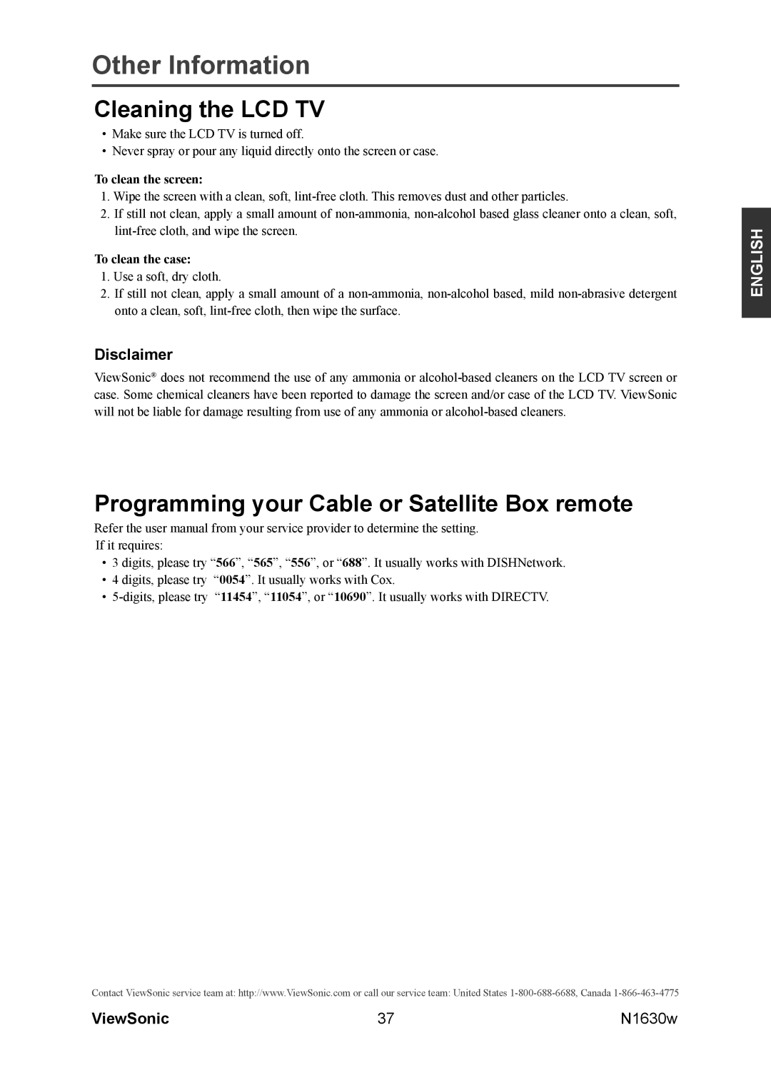 ViewSonic VS12114-1M warranty Cleaning the LCD TV, Programming your Cable or Satellite Box remote, Disclaimer 