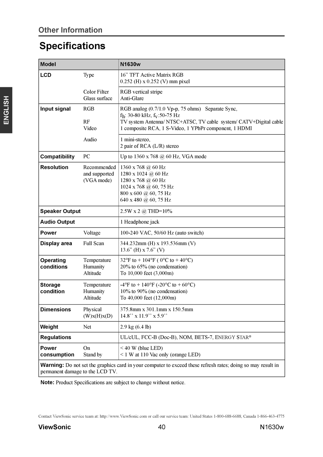 ViewSonic VS12114-1M warranty Speciﬁcations, Lcd 