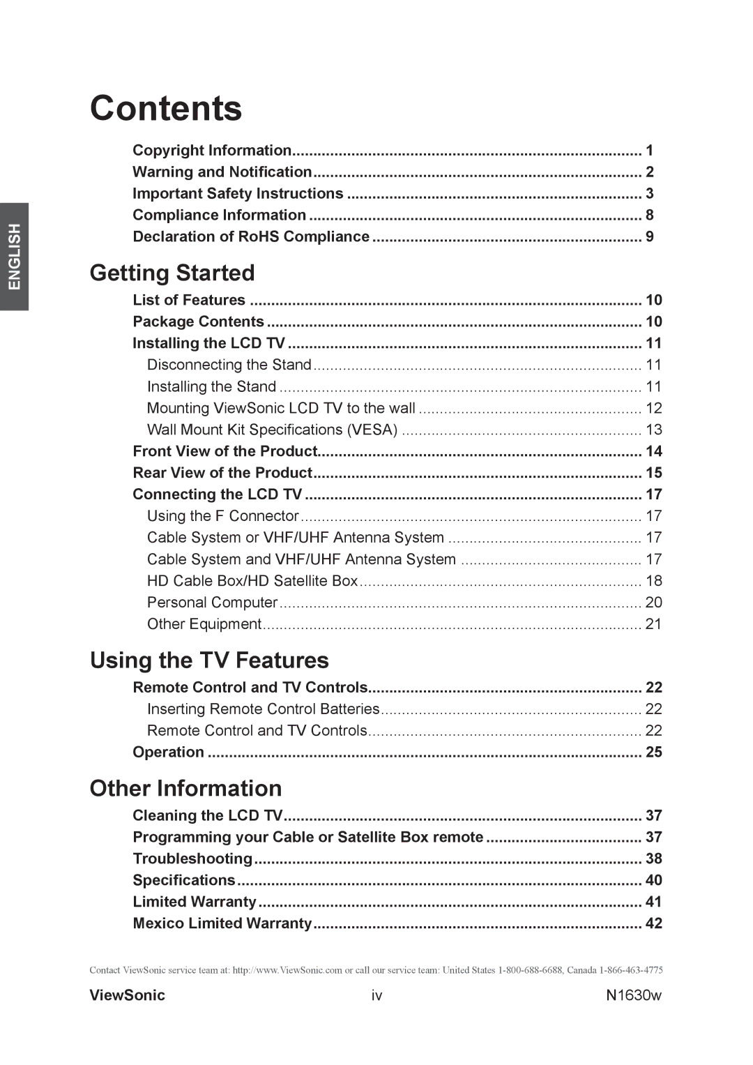 ViewSonic VS12114-1M warranty Contents 