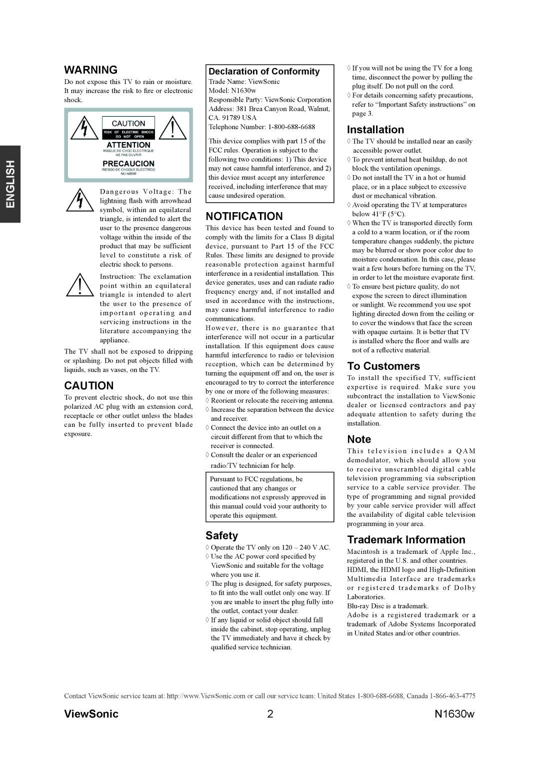 ViewSonic VS12114-1M warranty Notification, Safety, Installation, To Customers, Trademark Information 