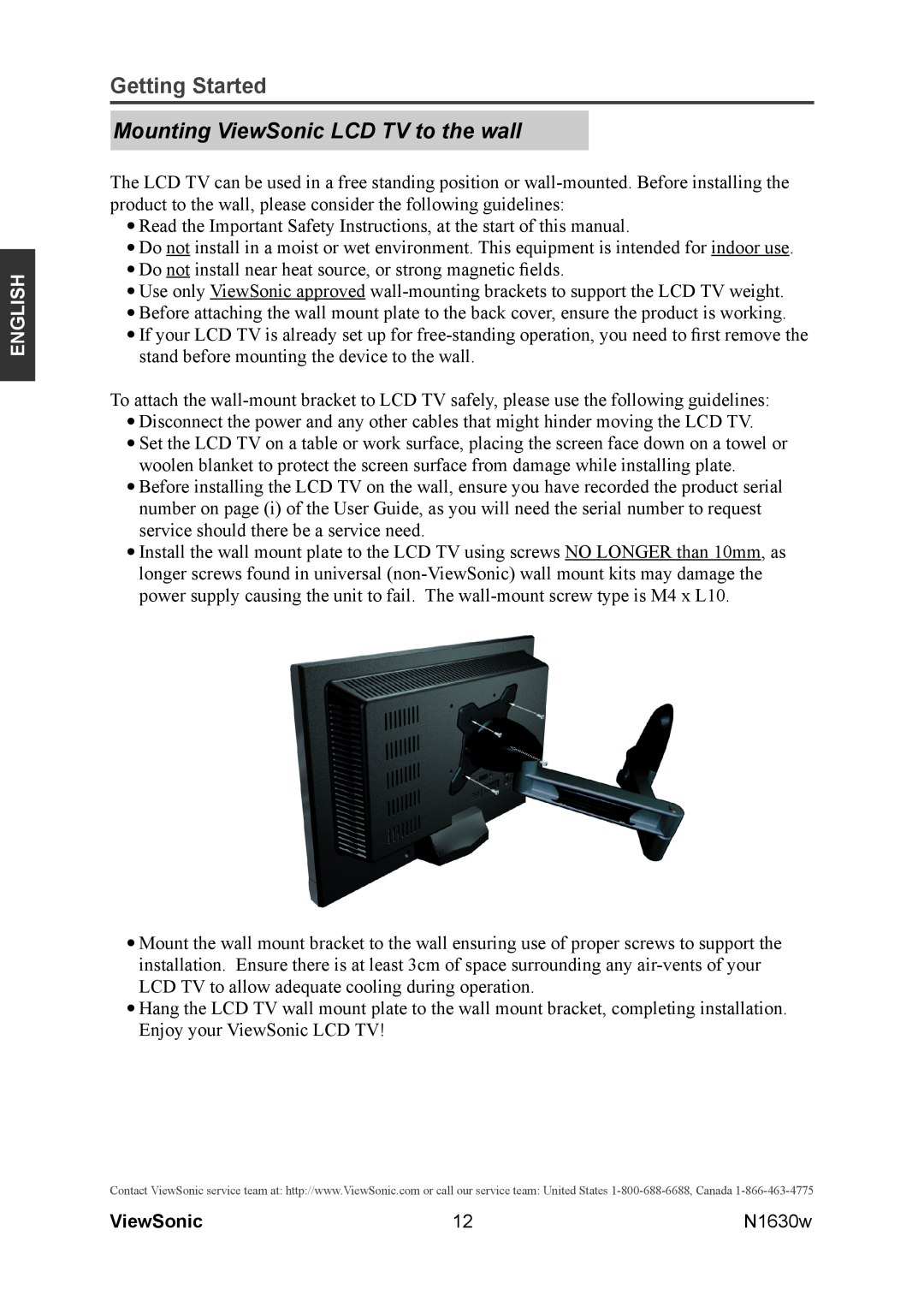 ViewSonic VS12114-1M warranty Mounting ViewSonic LCD TV to the wall, Getting Started, English 