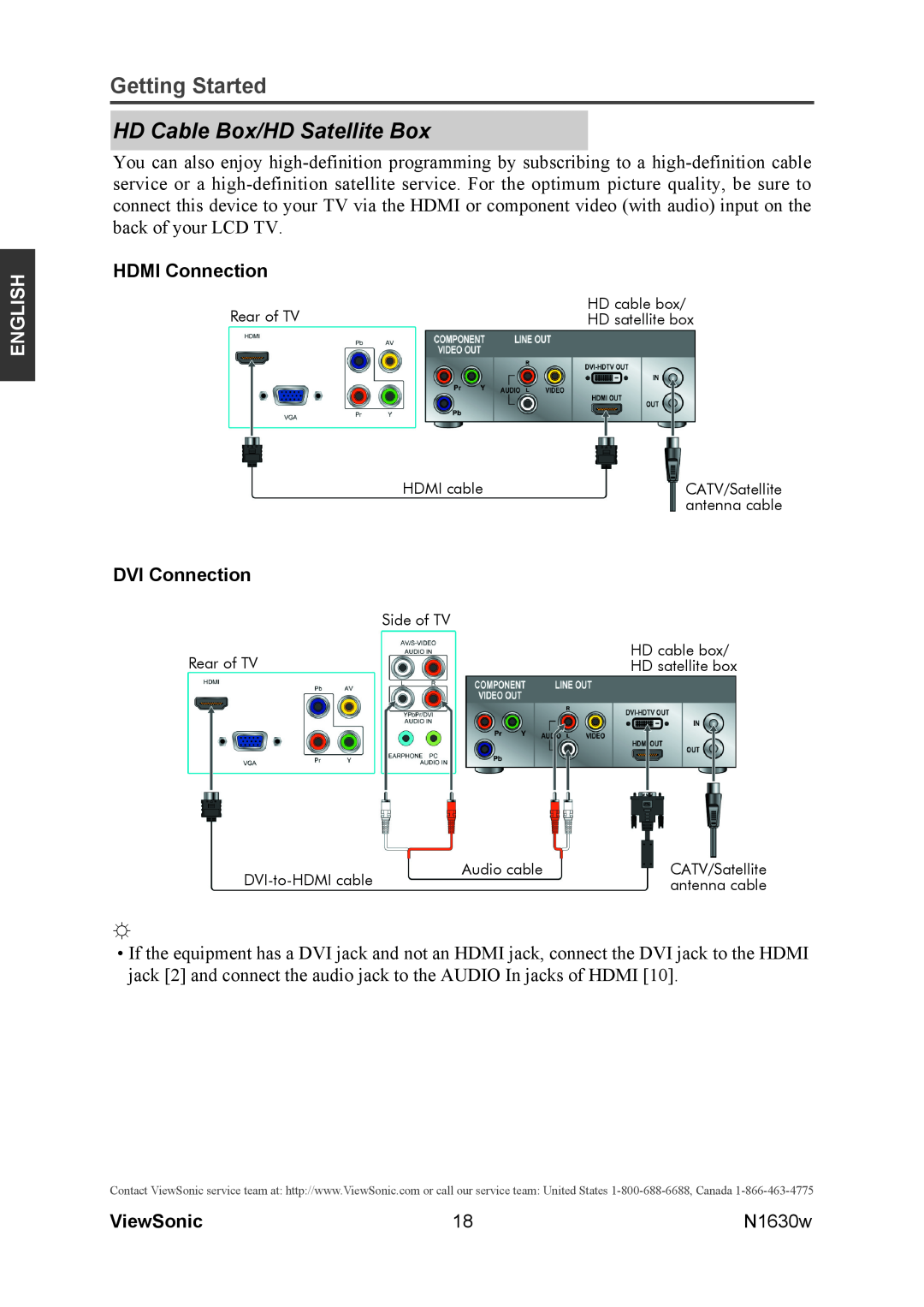 ViewSonic VS12114-1M warranty HD Cable Box/HD Satellite Box, Getting Started, English 