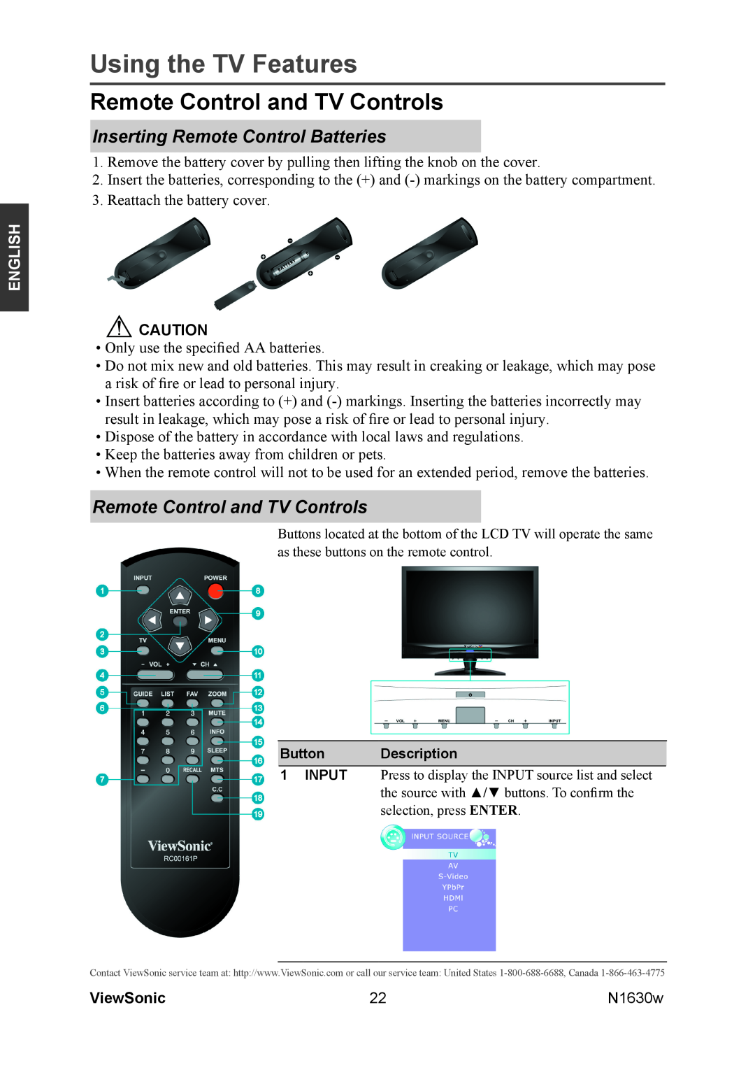 ViewSonic VS12114-1M Using the TV Features, Remote Control and TV Controls, Inserting Remote Control Batteries, English 