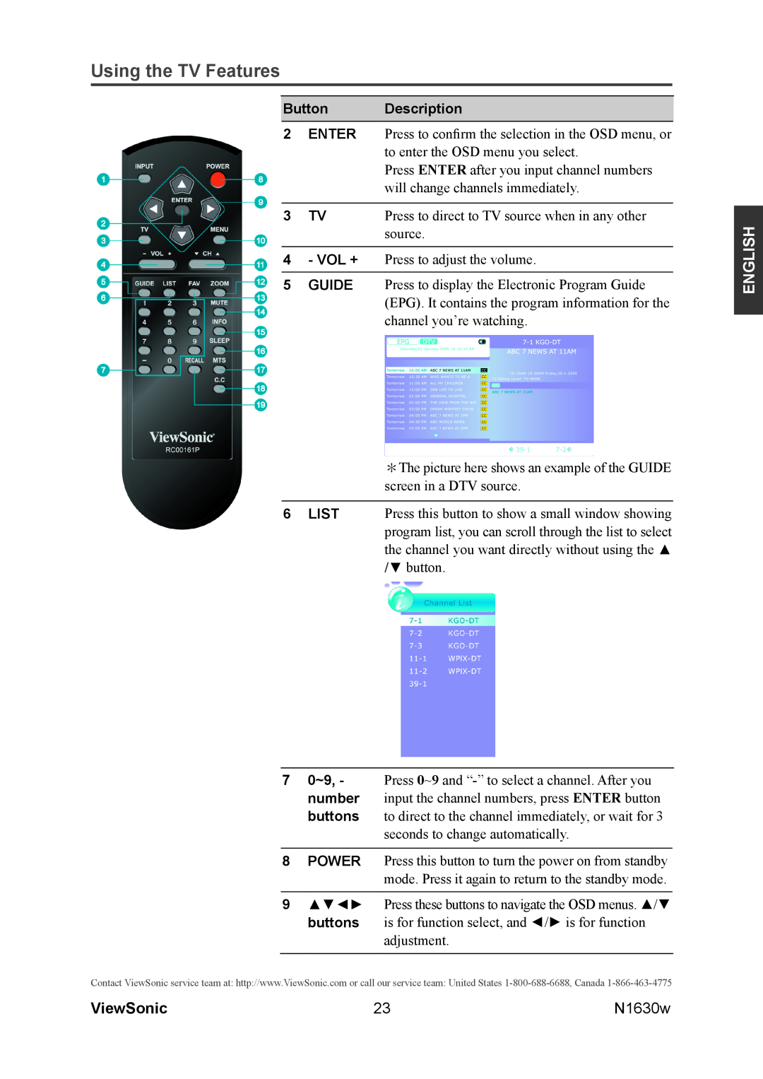 ViewSonic VS12114-1M warranty Using the TV Features, English, N1630w, Button Description, 3 TV, 7 0~9, number, buttons 