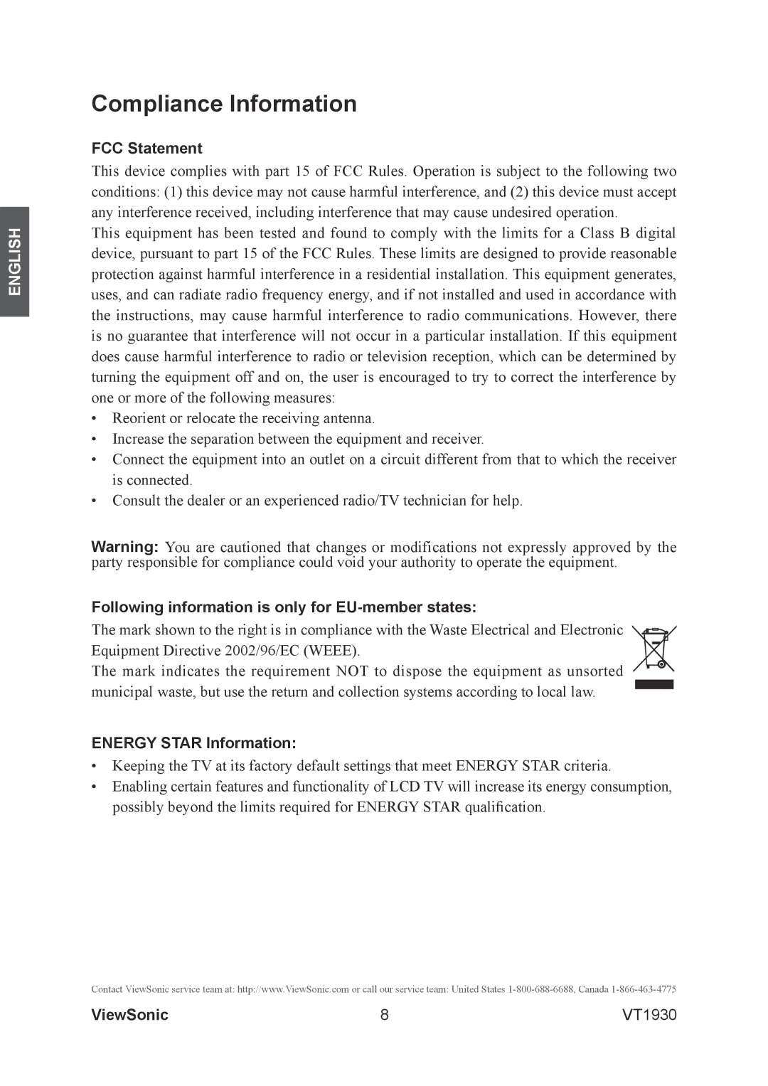 ViewSonic VS12115-3M warranty Compliance Information, FCC Statement, Following information is only for EU-member states 